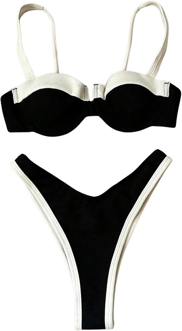SOLY HUX Women's Color Block Bikini Sets 2 Piece Bathing Suits High Cut Cheeky Swimsuits (Black and White), S