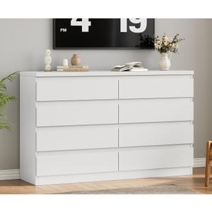Jocoevol Modern White 8 Drawer Dresser for Bedroom, 15.3" D x 55.2" W x 32.3" H Simply Chest of Drawers, Wood Storage Dresser with Deep Drawers for Living Room Hallway Entryway, White