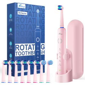 Rtauys R6 Rotating Electric Toothbrush for Adults, Fast Charge, Come with 8 Brush Heads (2 Types) and Travel Case, 5 Modes, 50000VPM Powered Toothbrush, 2 Minute Timer, Pink