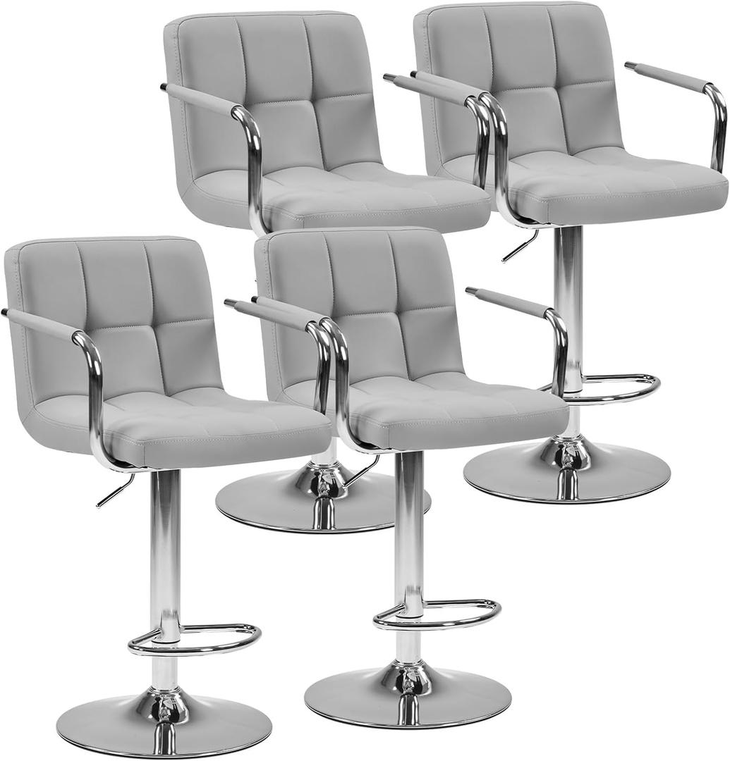 DUMOS Bar Stools Set of 4, Adjustable Swivel Bar Chairs with Padded Armrests and Ergonomic Backrest for Kitchen Island Counter Pub Dining Room, Water-Resistant PU Leather, Grey, 4 PCS