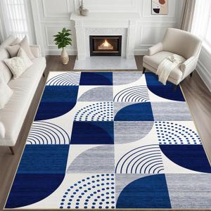 8x10 Blue Area Rug for Living Room Geometric Rug Mid Century Modern Rugs Machine Washable Non-Slip Printed Low-Pile Floor Carpet for Bedroom Dining Room Office