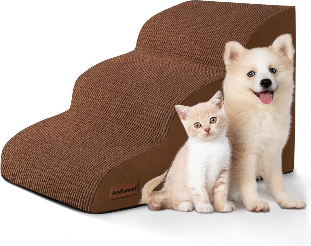 Aodisman 3-Step Dog Ramp and Stairs for Sofa and Chair - Non-Slip Sturdy Pet Steps for Small Dogs and Cats,15.7" H, Brown