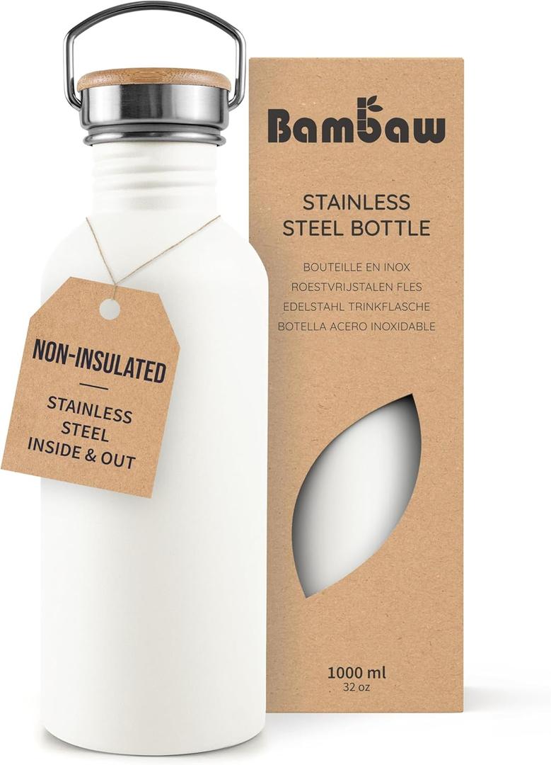 Bambaw Metal Water Bottle, White Water Bottle, Reusable Non-Insulated Sports Bottle, 1 Litre Stainless Steel Bottle, 1 Litre Stainless Steel Bottle  Polar White (32 oz)