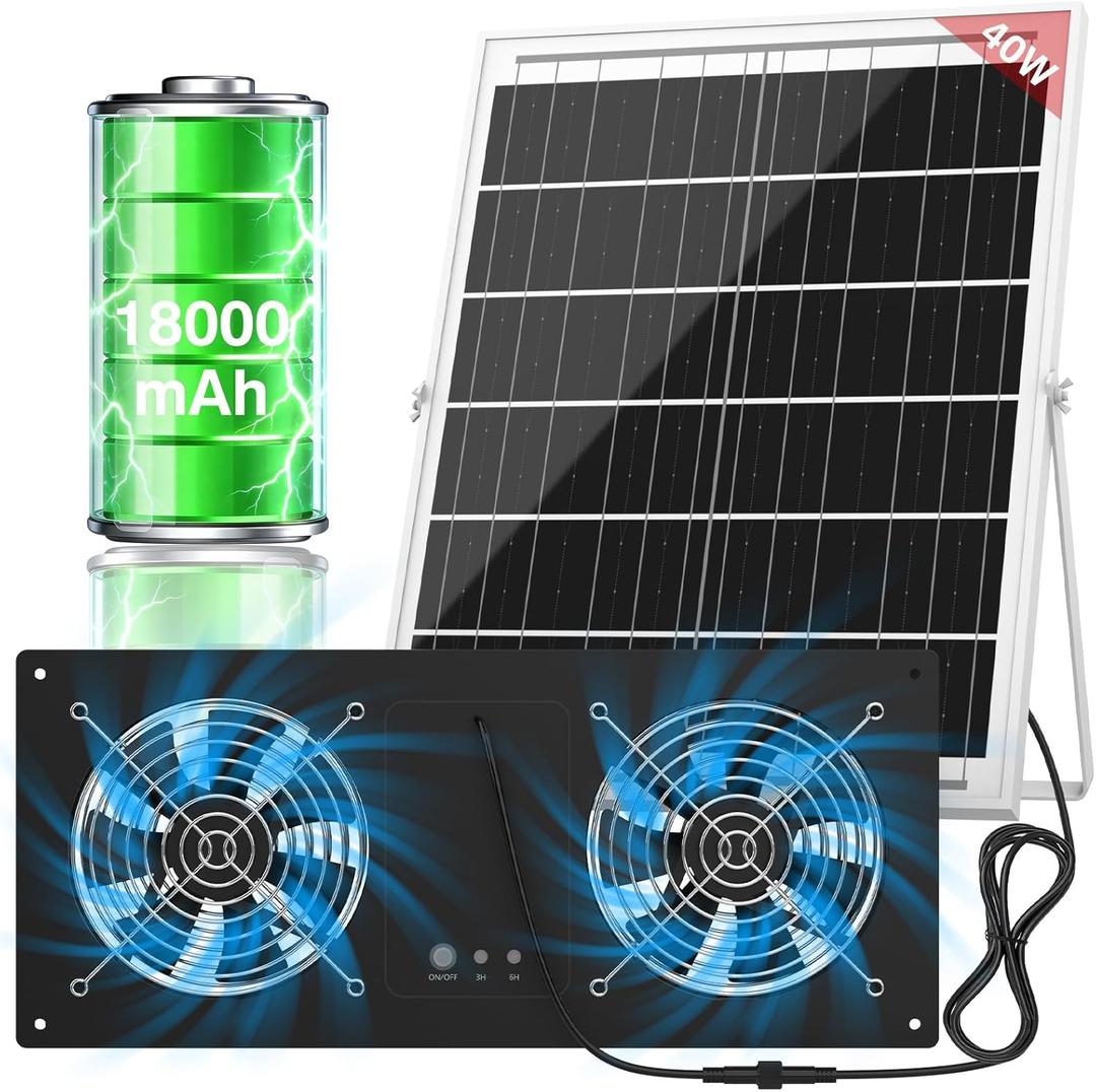 40W Solar Powered Exhaust Fan with 18000mAh Battery & Timer, 3500RPM High-Speed Waterproof Ventilation Fan for Chicken Coop, Greenhouse, Shed, Pet House & Window