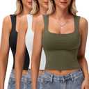 2 Pack Women's Square Neck Tank Tops Double Layer Slim Fit Basic Crop Tank Top Sexy Going Out Tops Camisole (Black, Green)