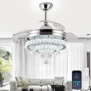 LEONTYNE 42 inch Dimmable Fandeliers Chandelier Ceiling Fan LED Crystal Ceiling Fan with Light and Remote 6 Speed 3 Blades Retractable Ceiling Fans for Bedroom Living Dining Room (APP & Timing) (Silver)