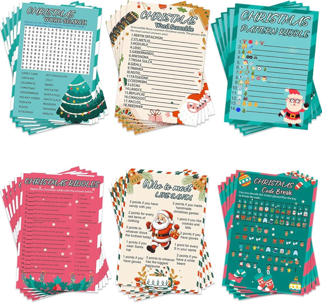 MLOLM 154 Pcs Christmas Games Sets Christmas Party Games Card for Family, Christmas Word Search Word Scramble Riddles Code Break for Christmas Winter Festival Activity Party Supplies