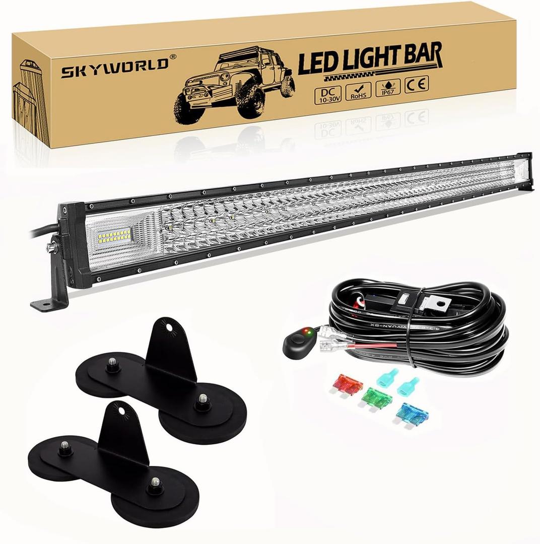 SKYWORLD 50" 648W Triple Row Off Road LED Light Bar, 12V/24V Flood/Spot Combo Beam with 2 Magnetic Mounts & Wiring Harness Kit - for Trucks, SUVs, UTV, ATV, Tractors, Trailers, 6000K White