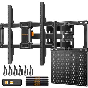 PERLEGEAR Full Motion TV Mount with Metal Pegboard for Most 42-84 inch Flat or Curved TVs up to 132 lbs, TV Wall Mount with Swivel & Tool-Free Tilt, Max VESA 600x400mm, Fits 12″/16″ Wood Studs, PGLF17