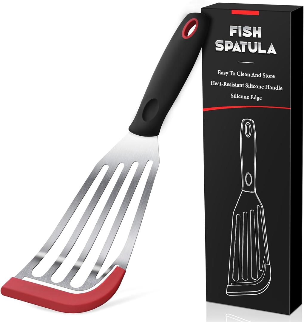 Silicone Fish Spatula, Heat Resistant Silicone Edge for Nonstick Cookware, Fish Turner for Kitchen Use, Flexible and Thin Stainless Steel Cooking utensils, Perfect Slotted Spatula for Egg, Pancake (1Pcs Red Large)