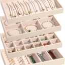 LANDICI Stackable Jewelry Organizer Trays 4 Set,PU Leather Jewelry Organizer Drawer,Jewelry Storage Display Tray for Earring Necklace Rings Bracelet with Removable Dividers,Apricot