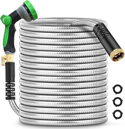 150Ft Metal Garden Hose durable stainless steel Water Hose, flexible, lightweight hose is resistant to kinks and tangles.With 10-way nozzle, strong 3/4” metal fittings, and a Stop Valve.