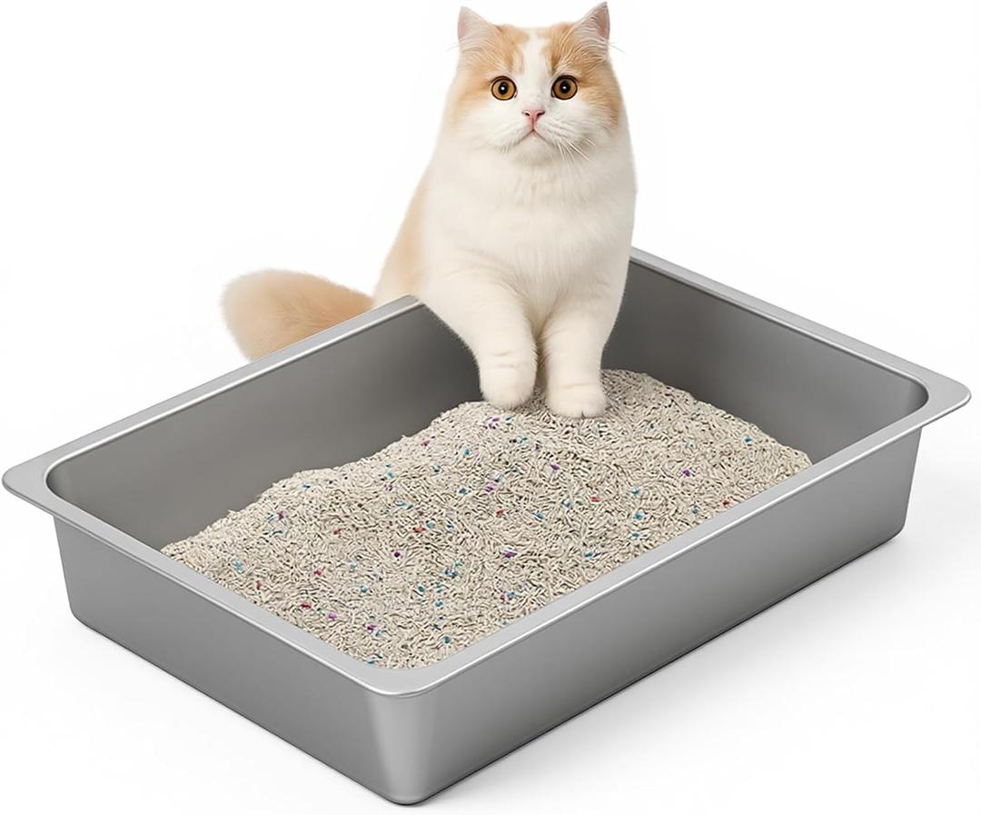 Kirecoo Stainless Steel Litter Box, Large Low Entry Metal Cat Pan Box, Indoor Litter Tray, Non Stick, No Smell, Easy to Clean, Pet Toilet Supplies for Cats (19.48 L x 13.58 W x 3.9 H)