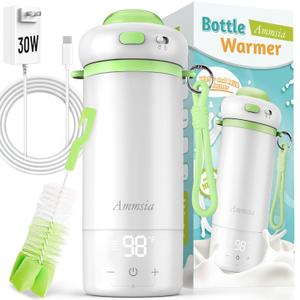 Portable Bottle Warmer for Travel  Fastest Heating & Charging & Long Battery Life, Fits Global 100-240V, Sterilization & Water Quality Test Mode, 17Oz Baby Milk Warmer for Breastmilk, Formula, Water (Green)