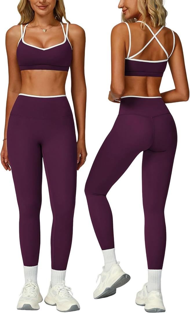 QBGJTD Womens Workout Set Two Piece Spaghetti Straps Color Block Sports Bra Matching High Waist Leggings Gym Work Out Outfits (Medium, Purple)
