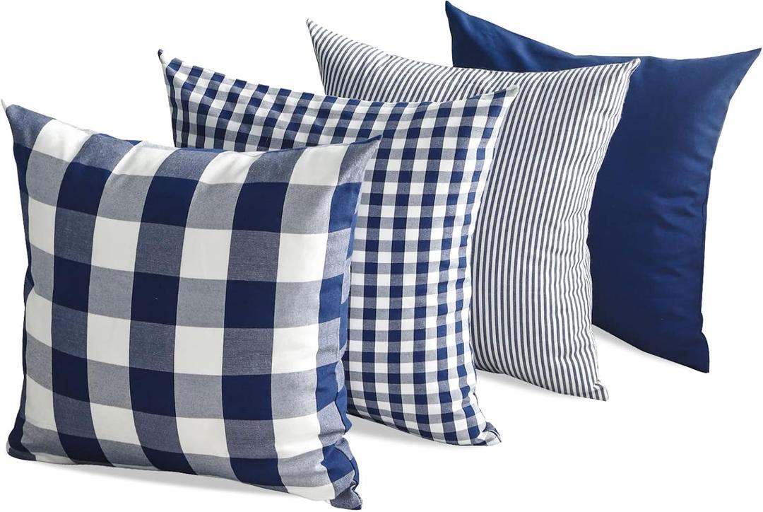 CARRIE HOME Navy Blue Outdoor Buffalo Plaid 20x20 Throw Pillow Covers Set of 4, Checkered Blue and White Decorative Pillow Covers 20 x 20, Farmhouse Decor Throw Pillows for Porch and Patio