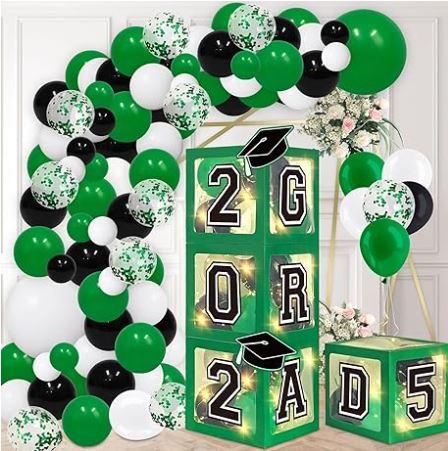 DAZONGE Navy Blue Graduation Decorations 2025 - Set of 4 Grad Balloon Boxes with 139pcs Balloon Arch Garland Kit & 4 Lighted Strings - So Proud of You 2025 Graduation Decorations