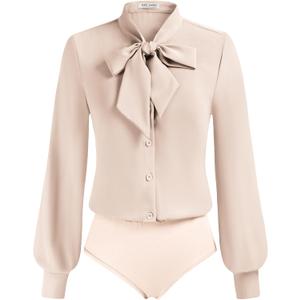 Kate Kasin Women Bow Tie Neck Office Blouse Button Down Long Sleeve Bodysuits Blouse Top (Small, Almond)
