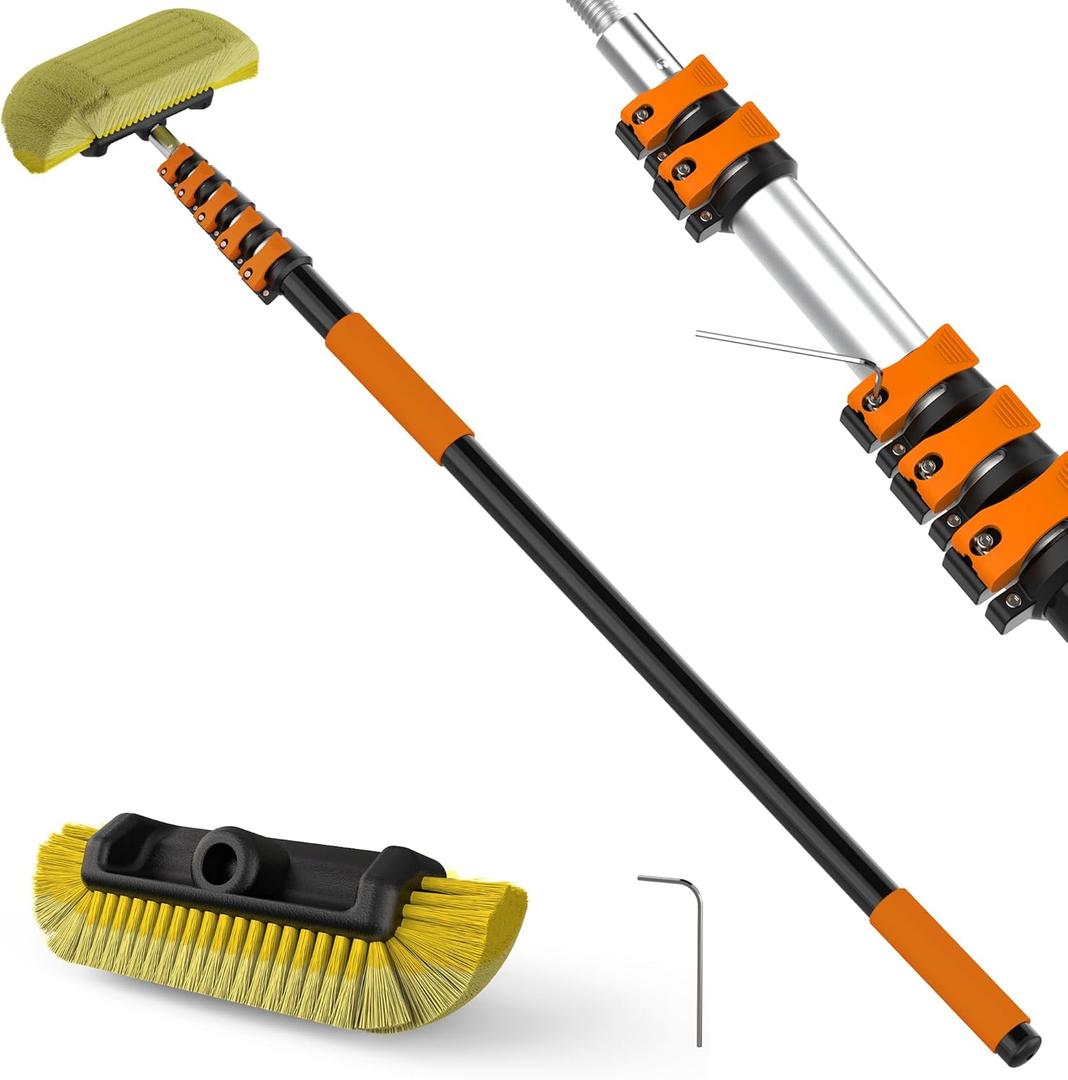14FT Car Wash Brush with Long Handle, 12-Inch Soft Bristle Car Cleaning Brush for Cleaning RV, Truck, Boat, Solar Panels, Orange