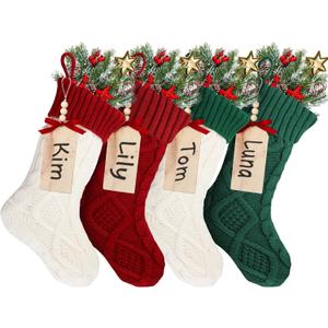 Aoriher Large Christmas Stockings with DIY Name Tags, 18 Inch Knitted Stockings Xmas Stocking Decorations with Christmas Stocking Tags for Family Decor(Style B,Red White Green)