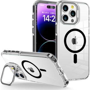 Kiresen for iPhone 12 Pro Max Case Clear with Kickstand and Screen Protector - Wireless Charging Compatible, 21ft Military-Grade Drop Tested,Shockproof Slim Fit Magnetic Crystal Cover - Black