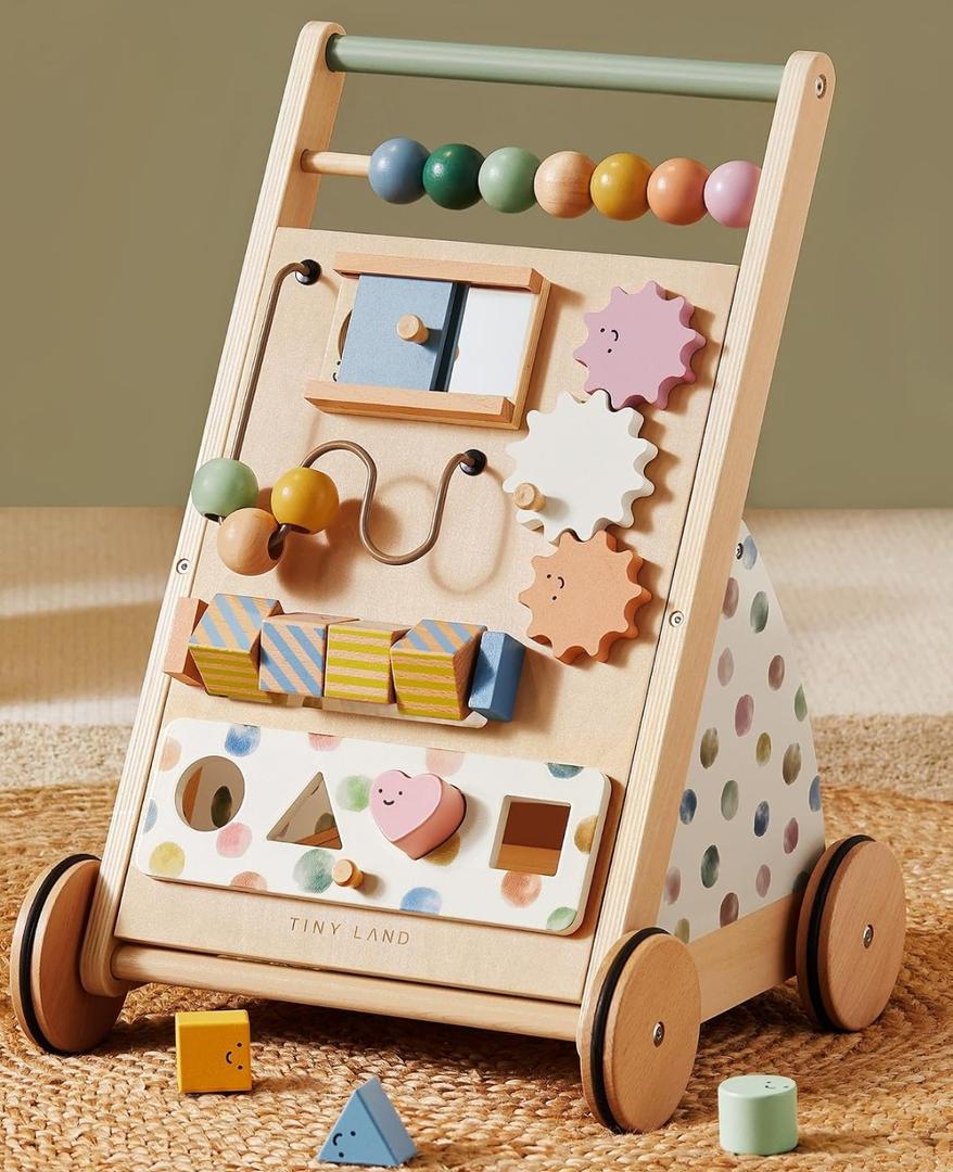 Tiny Land Wooden Baby Walker with Adjustable Speed, Montessori Activity Push Walker Toy for Toddlers, Baby Gift Parents Love for Boys & Girls(Morandi)