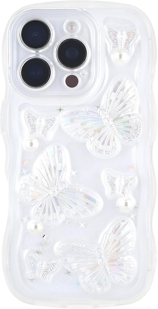 Compatible with iPhone 16 Pro,3D Butterfly Design Cute Kawaii Bling Frame Shape Soft Silicone Shockproof Protective Phone Cover for Women Girls Clear