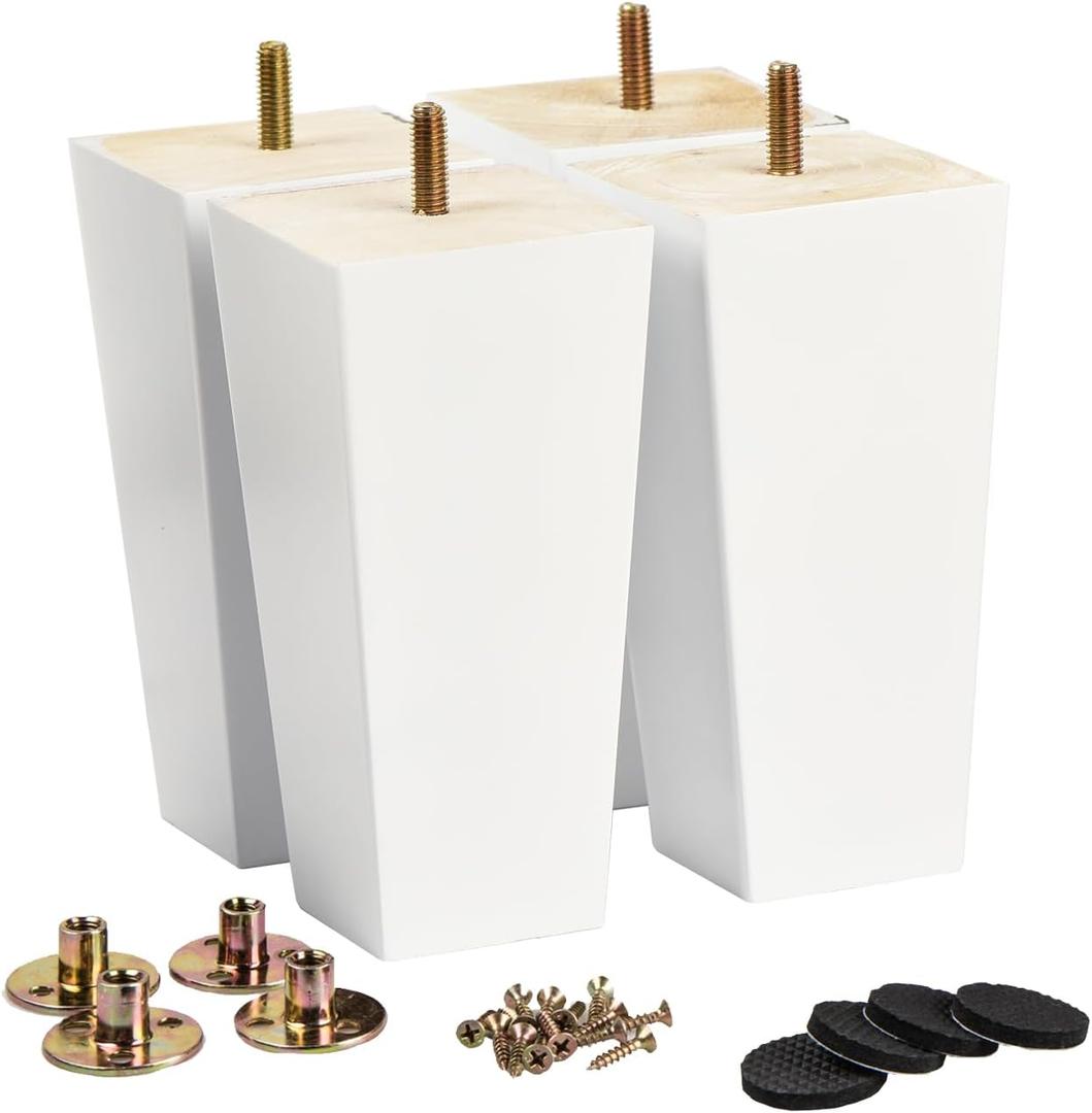 La Vane 6 inch Solid Wood Furniture Legs Set of 4  Square Pyramid White Replacement Feet for Couch, Sofa, DIY Repair & Restoration with Pre-Drilled 5/16'' Bolt & Hardware, Mid-Century Modern Style