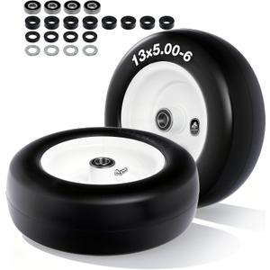 13x5.00-6 Flat Free Lawn Mower Tire and Wheel with 3/4" bearing bore, with 5/8” Extra Bearings & Adjustable Spacers, for Riding Mower, Lawn Tractor, 500 lbs Capacity, 2-Pack