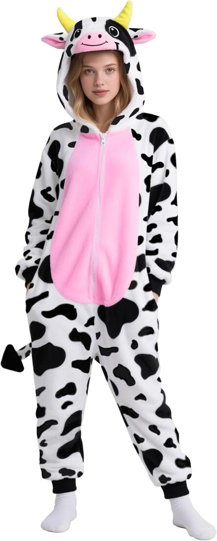 Axolotl Costume Adult Women Animal Onesie Pajamas Halloween Party Dress Up (Medium, Cow)