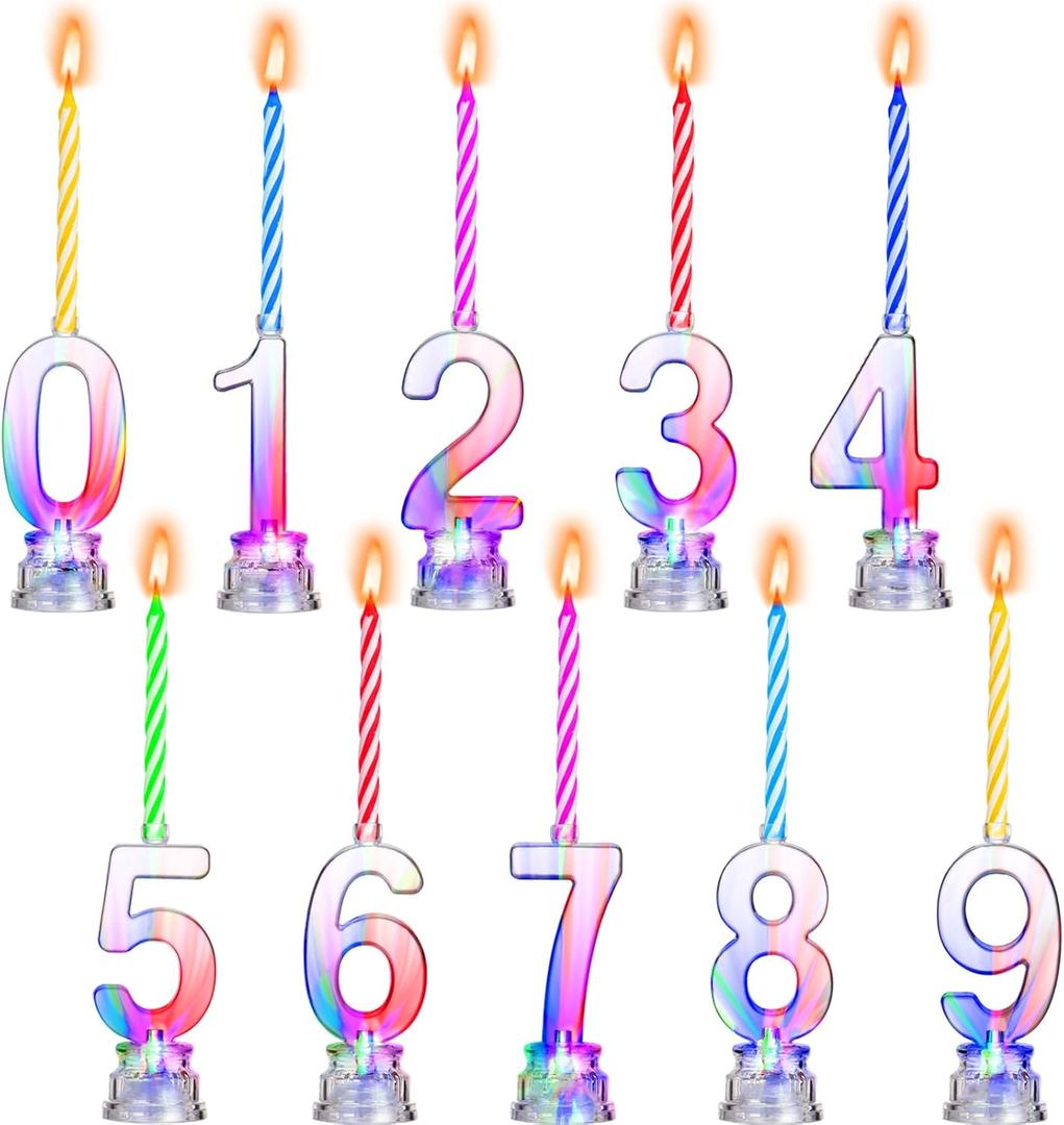 Boao 50 Pcs Birthday Number Candle Set Includes 10 Pcs Multicolor LED Flashing Number Candles with Transparent Shell and 40 Pcs Wax Candles(Colored Candle Style)