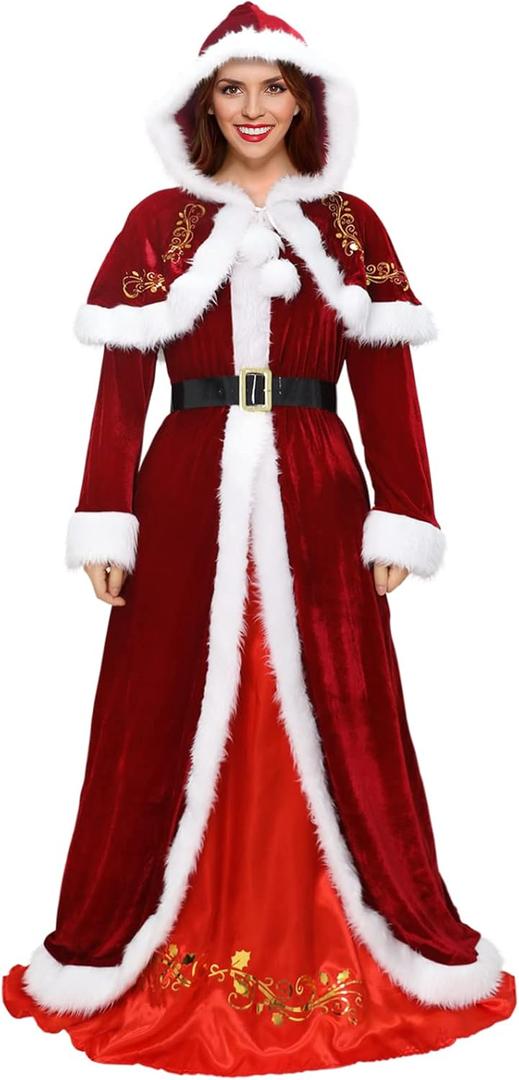 brableewear Mrs. Claus Costume for Women Sant Claus Dress with Hood Cape Christmas Cosplay Outfits Adult Xmas Dress Up (Style 1)