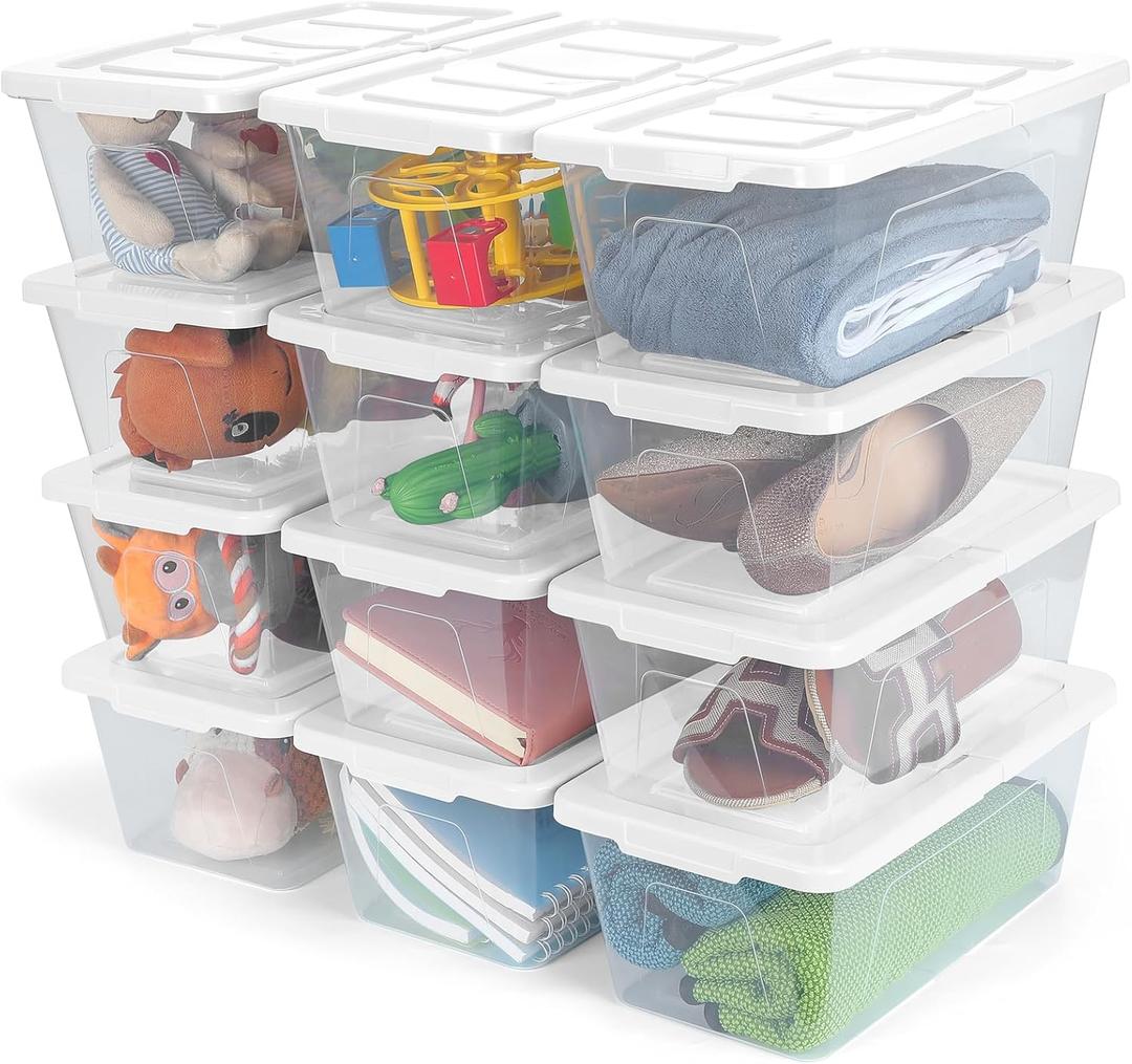 Plastic Storage Bins with Lids, 12 Packs Set, Storage Boxes with Lids and Stackable Shoe Boxes For Organization, Clear Plastic Storage Containers For Closet Home Office, White