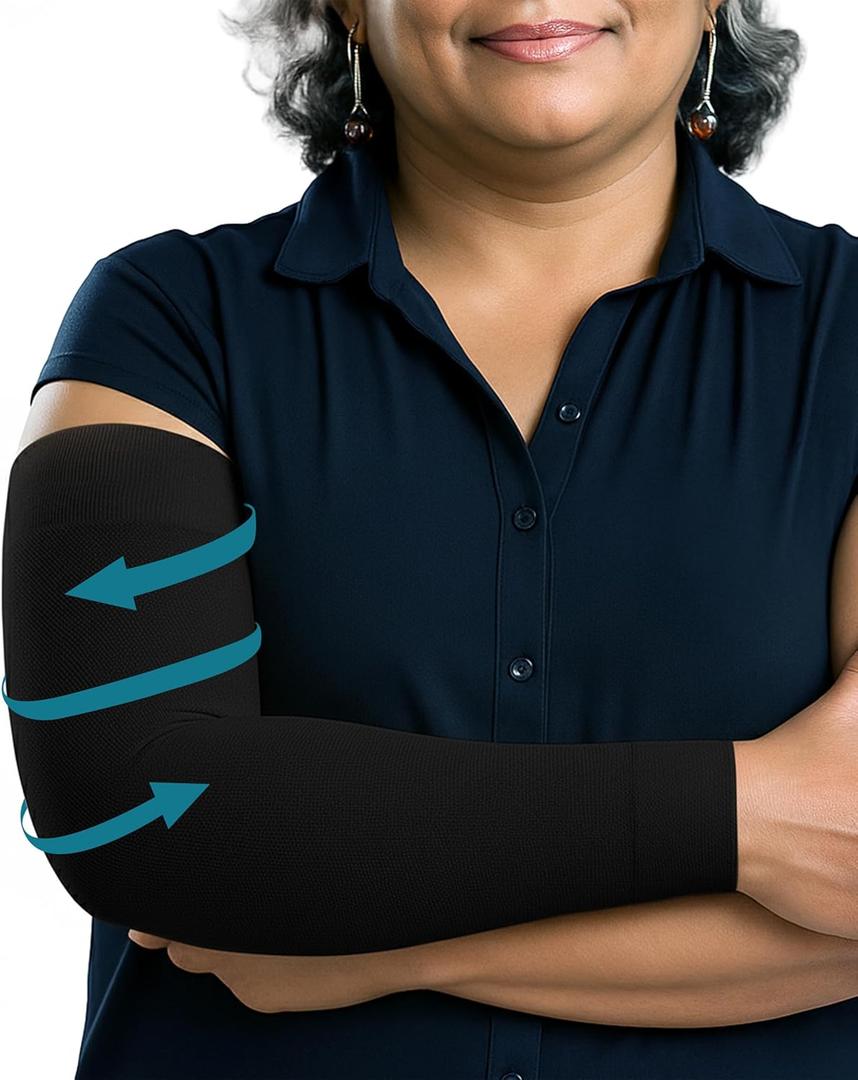 KEMFORD Compression Lymphedema Arm Sleeves for Women 15-20 mmHg, Silicone Grip, 1 Pair, Black, XL Medical Full Arm Support for Swelling, Circulation & Edema (Black, XL)