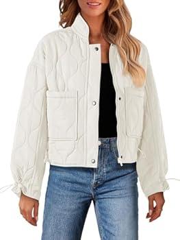 MEROKEETY Women's Cropped Zip-Up Bomber Jackets Warm Quilted Long Sleeve Stand Neck Winter Coats, Beige, L at Amazon Women's Coats Shop (L, Beige)
