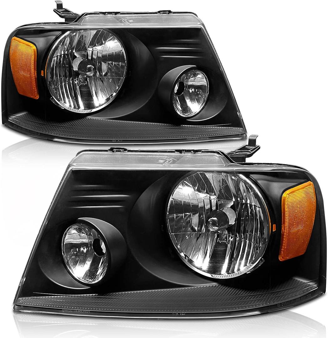 for 2004-2008 F150 Headlights Assembly compatible with 2004 2005 2006 2007 2008 Ford F150/06-08 Lincoln Mark LT Pickup Black Housing Amber Reflector Replacement Driver & Passenger Side