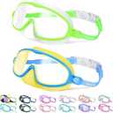 Vvinca 2 Pcs Kids-Swim-Goggles with Nose Cover, Swimming Diving Mask Wide View Anti Fog UV Anti Shattered Lens for Kids 3-5, Pink and Lake Blue