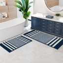 Bathroom Rugs Set 2 Piece, Extra Soft and Absorbent Fluffy Striped Chenille Bath Mat Rug Set, Non Slip Bathroom Floor Mat, Machine Washable (21" x 47" Plus 20" x 32", Navy Blue)