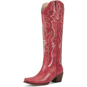 wetkiss Black Cowboy Boots for Women Knee High Cowgirl Tall Boots with Classic Retro Embroidered Chunky Heel Slip On Pointed Toe Womens Western Boots for Girls Ladies (8)