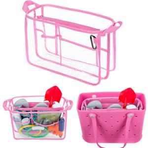 Clear Beach Bag Organizer Insert (12.4in x 10.2in x 4.3in) Compatible with Bogg Bag (15in x 13in x 5.25in), Waterproof Beach Bag Insert Divider Pouch, Pink