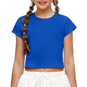 Zaclotre Girls Crop Tops Batwing Short Sleeve T Shirt Quick Dry Drop Shoulder Basic Tees Workout Athletic Shirts (Blue)