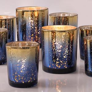 Volens 12pcs Assorted Navy Votive Candle Holders, Large Speckles Mercury Glass Votive & Tealight Candle Holder Bulk for Wedding Table Centerpiece, Navy and Gold Themed Party Decorations and Home Decor