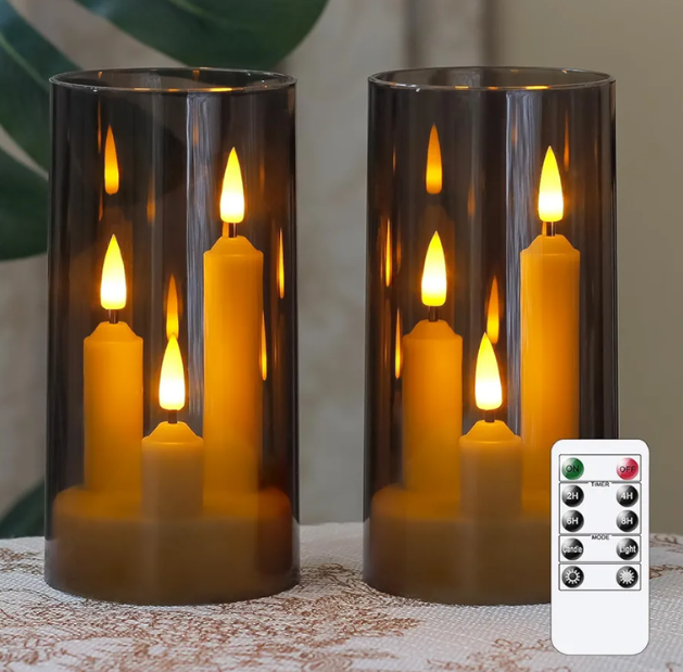 3 in 1 Flameless Taper Short Candles with 10 Key Remote Control and Timer, Battery Operated Pack of 2 LED Acrylic 3" x6" Grey Pillar Flickering Warm Light