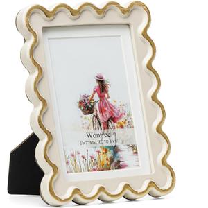 5x7 Picture Frame in Beige with Shinning Gold Wavy Edge, Resin Frame with Real Glass, Display 5x7 Photos Matted to 4x6, Vertical and Horizontal Desk Tabletop or Wall Hanging