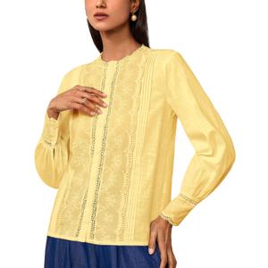 Womens Dressy Casual Lace Blouse Cotton Long Sleeve Button Up Shirts Tops25H003  (Yellow, XS)