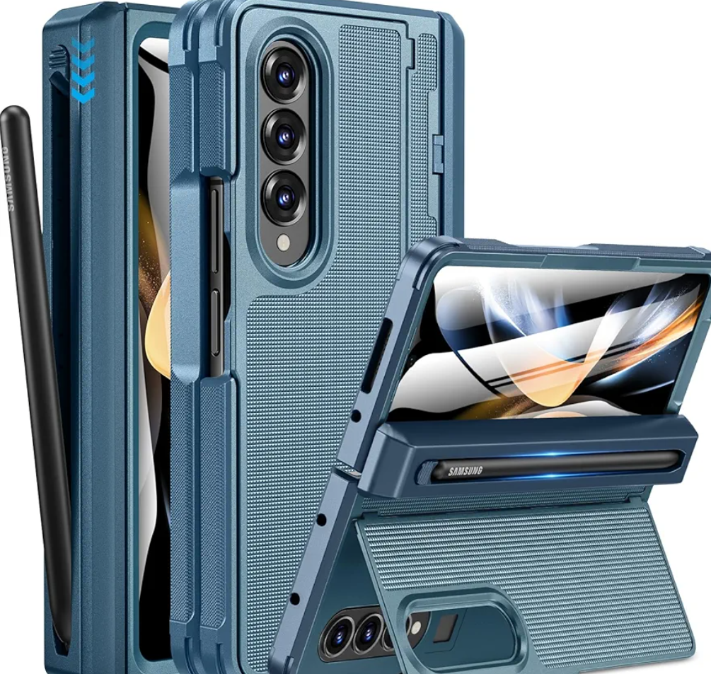 Caka for Samsung Galaxy Z Fold 4 Case [Thinner S Pen Holder] [Hidden Kickstand] [Hinge Protection] [Screen Protector] Full Body Hard Shockproof Phone Cover with Anti-Slip Textured for Fold4 - Blue