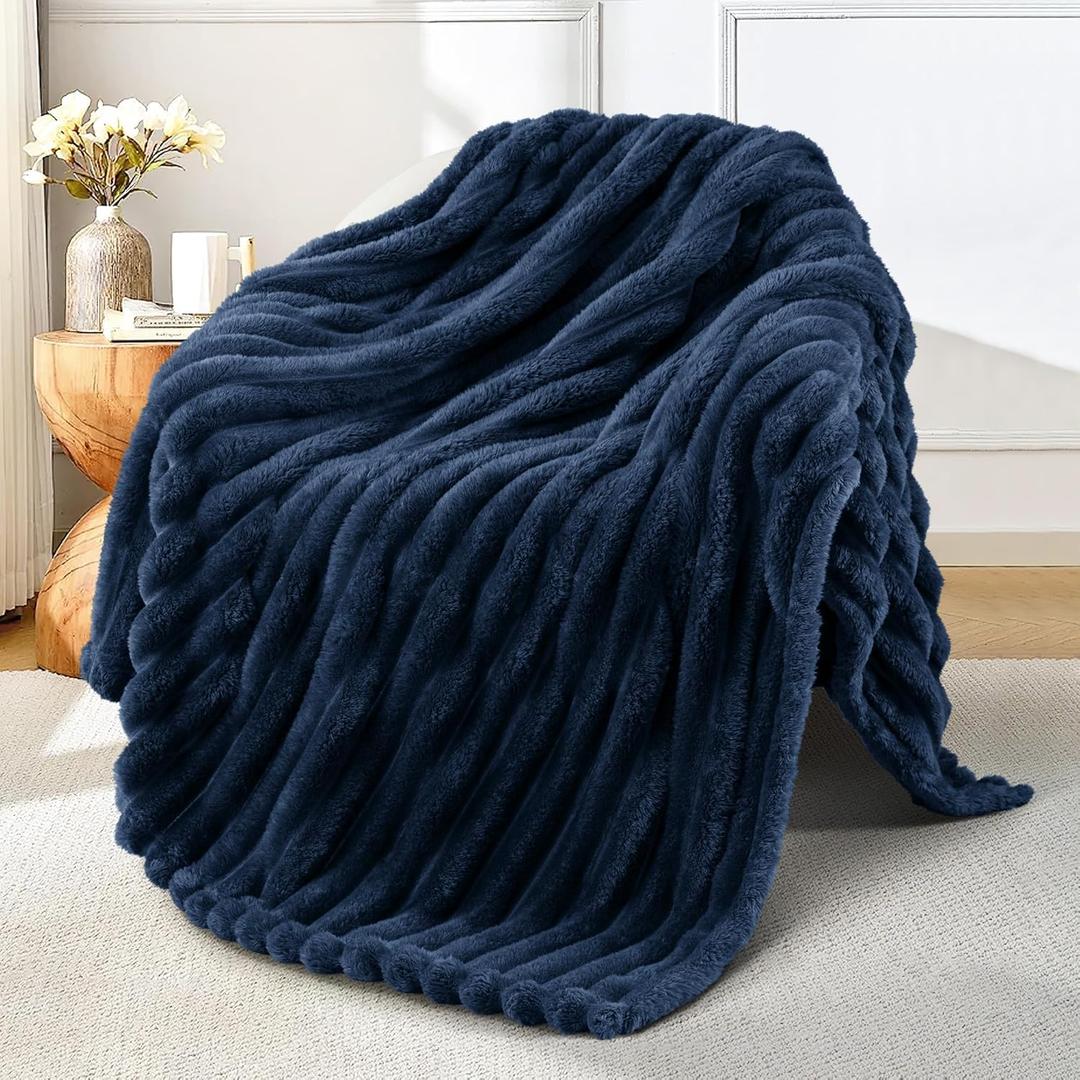 Fleece Throw Blanket for Couch, Super Soft Striped Jacquard Bed Blanket, Lightweight Fuzzy Cozy for All Seasons, Navy Blue