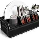 Large Kitchen Utensil Holder Caddy, 6 Compartments Wooden Utensils Organizer for Cooking Utensils, Silverware, Paper Plate, Spoon, Fork, Cutlery Storage on Kitchen Countertop for Party Hosting-Black