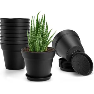 10 Pack Plastic Plant Pots with Drainage Holes and Tray, 6 inch Thickened Indoor Planters Seedlings Nursery Pots for Flowers, African Violet, Succulent and All House Plants, Black