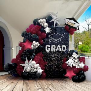 Black Maroon and Silver Balloon Garland Arch Kit 130+ Pieces with Maroon and Silver Stars, Graduation Certificate Graduation Cap GRAD Letters Mylar Balloons for 2025 Graduation Prom Decorations
